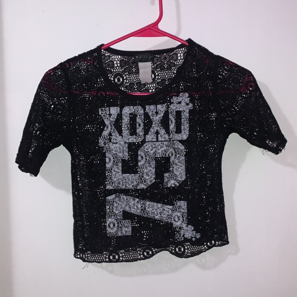 Floral Black Mesh Cropped Tee With Slogan